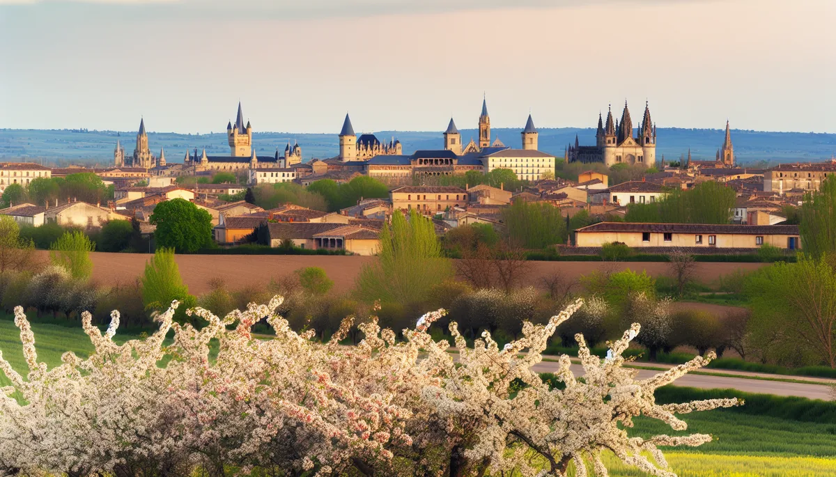 Panoramic spring landscape showing iconic European architecture from multiple countries with blooming flowers in the foreground during golden hour