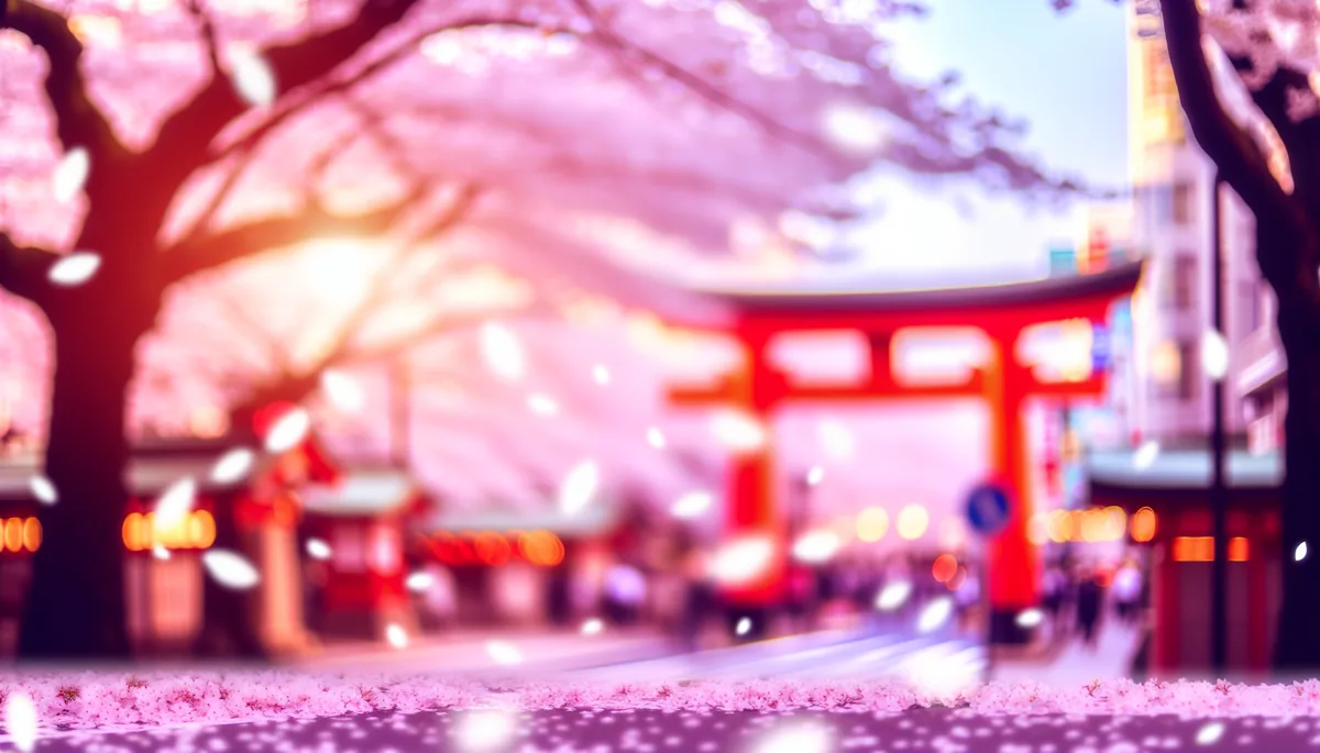Cherry blossom petals falling over a busy Tokyo street during Golden Week with a traditional red torii gate in the background and warm spring lighting