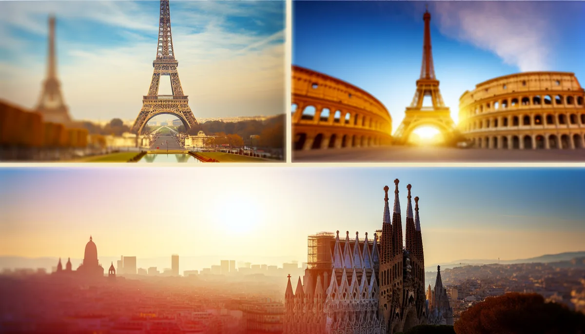 Dreamy composite view of iconic European landmarks including the Eiffel Tower, Roman Colosseum, and Sagrada Familia bathed in golden morning light