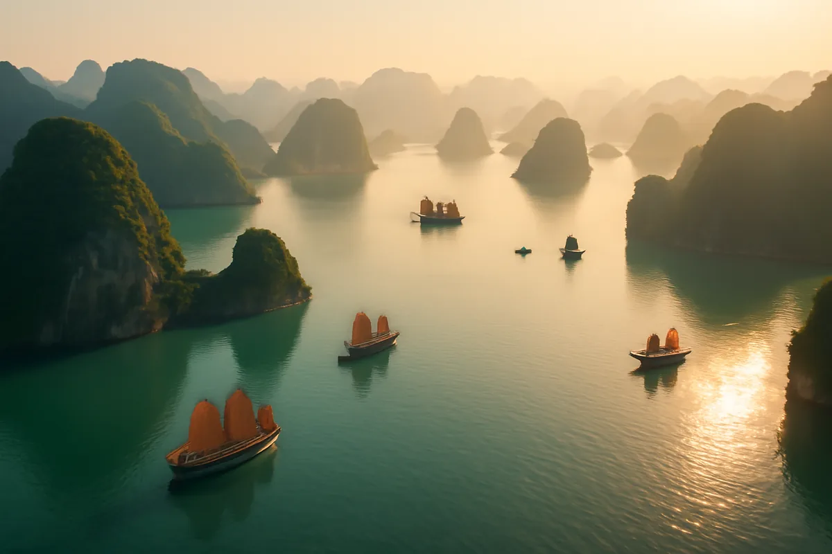 Aerial panoramic view of Ha Long Bay in Vietnam, featuring iconic limestone karst islands surrounded by calm emerald-green waters with traditional boats sailing between them under warm golden hour light
