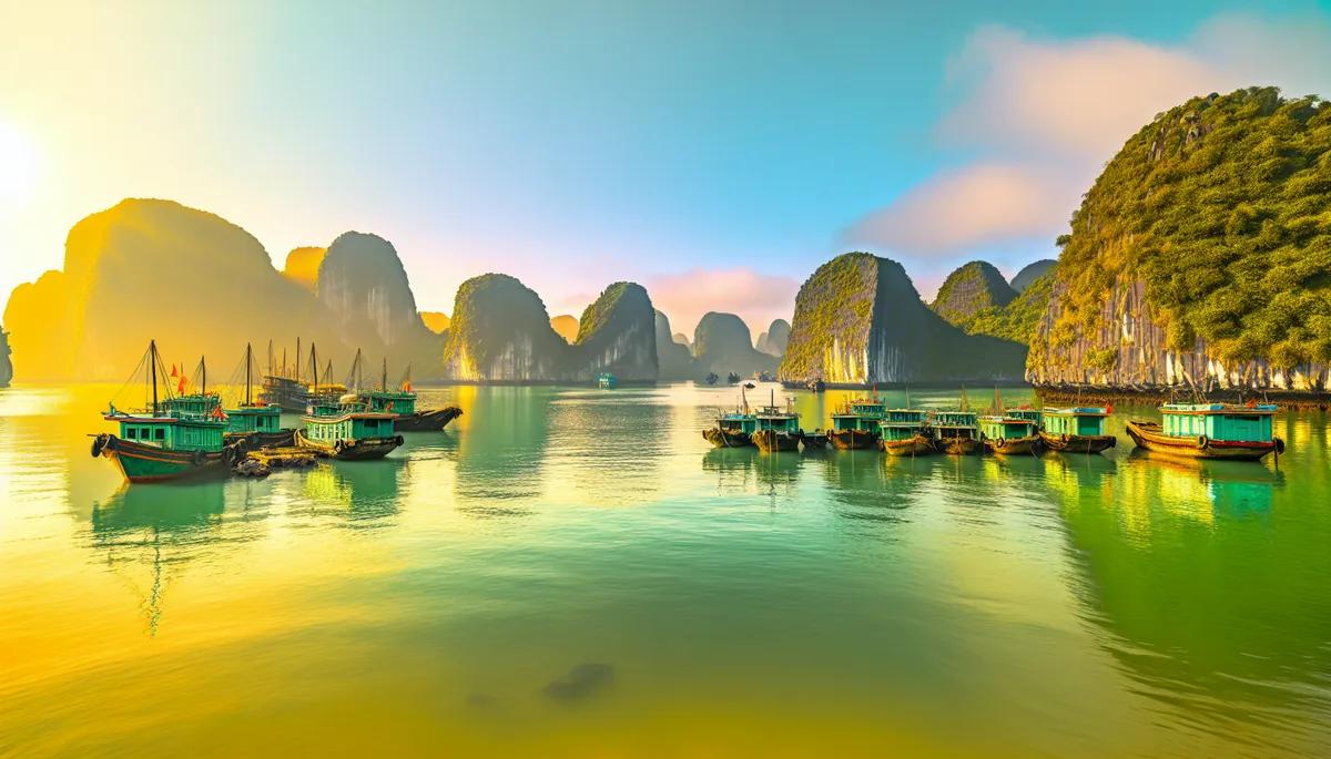 Scenic view of traditional Vietnamese fishing boats floating on emerald green waters surrounded by towering limestone cliffs in Ha Long Bay during golden hour