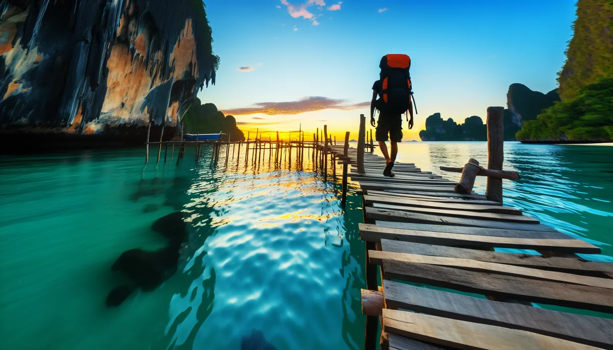 Backpacker walking on wooden pier at tropical Southeast Asian beach with limestone karsts and turquoise waters during golden hour