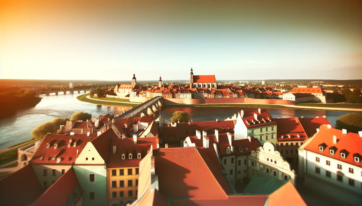 Panoramic view of Prague's historic Old Town with colorful baroque buildings, red-tiled rooftops, and the Vltava River during golden hour