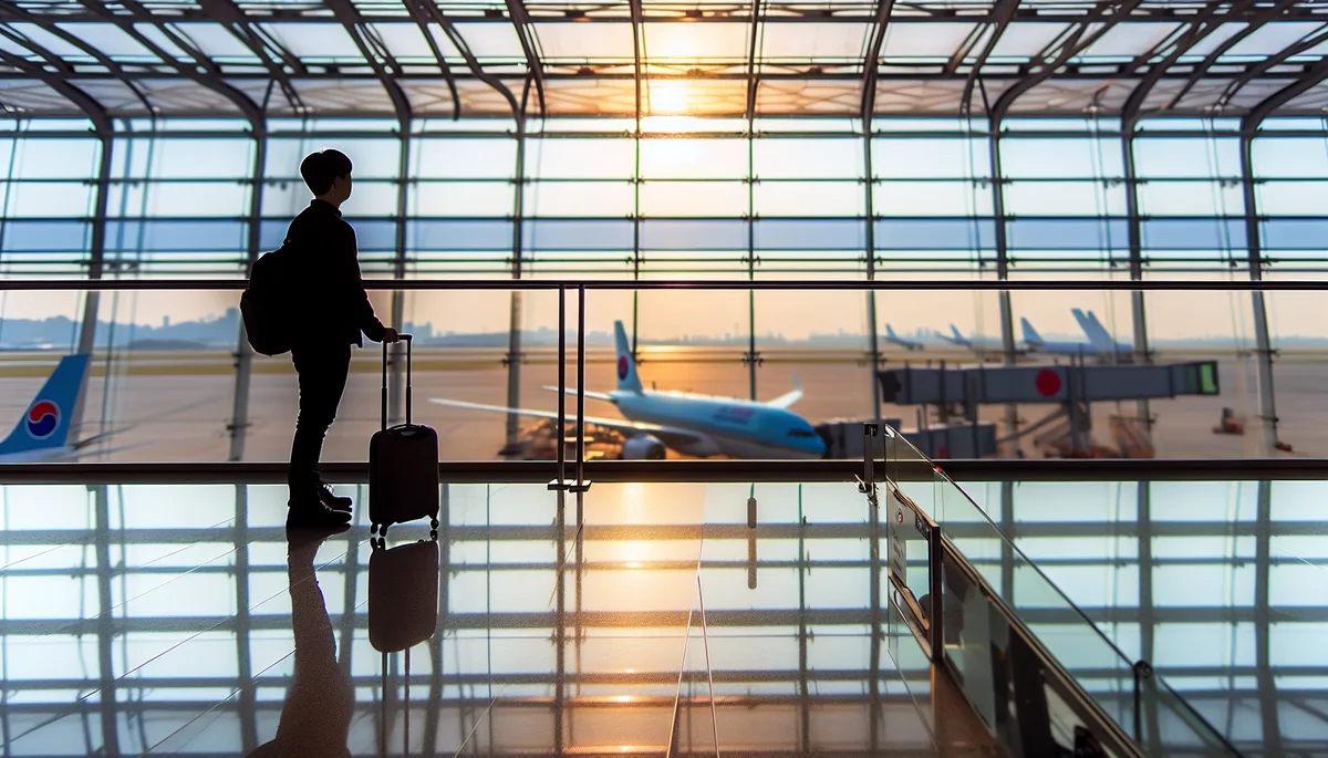 Silhouette of a traveler at an airport departure gate with planes visible through large windows during sunset