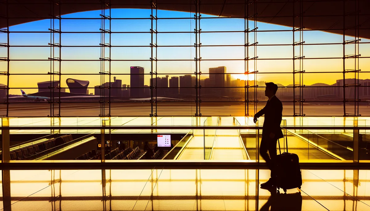 Silhouette of a traveler at a modern airport terminal with city skyline visible through large windows during golden hour