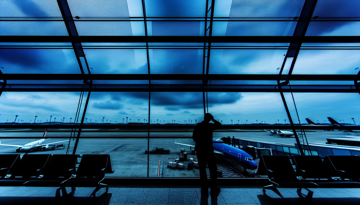 Silhouette of a traveler standing at an airport terminal window looking out at planes on the tarmac under an overcast sky