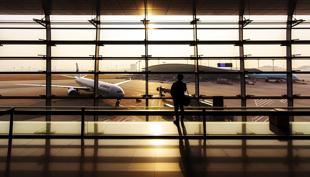 Silhouette of a traveler standing at an airport departure gate with planes visible through large windows during golden hour