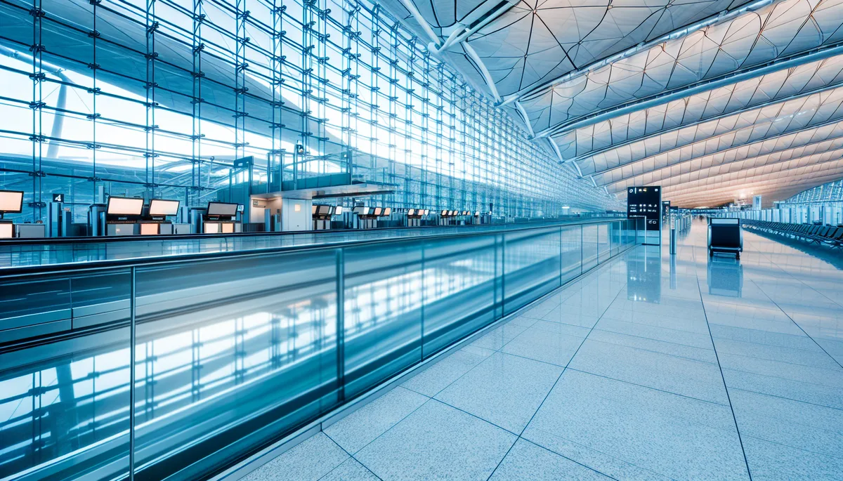 Modern airport terminal interior with glass architecture and departure gates, representing secure international travel