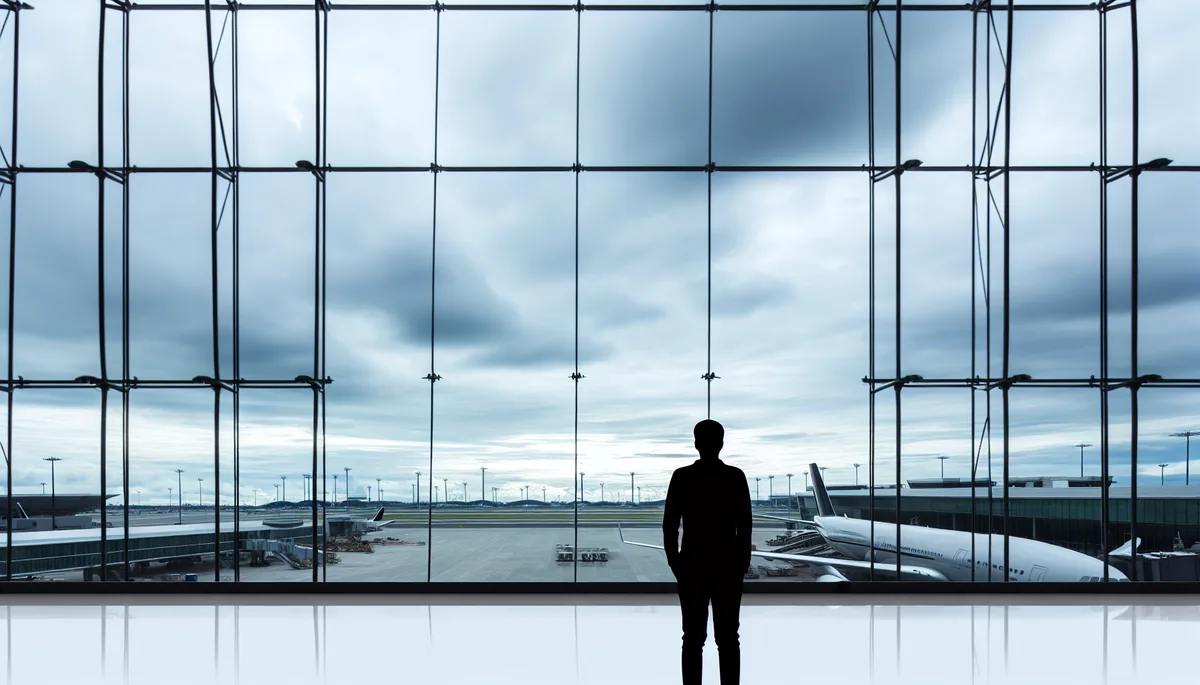 Silhouette of a traveler standing at an airport terminal window looking out at planes on the runway under overcast skies