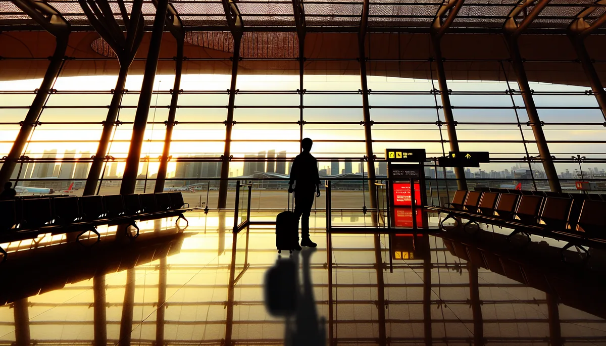 Silhouette of a traveler standing at an airport departure gate with modern terminal architecture and city skyline visible through large windows during golden hour