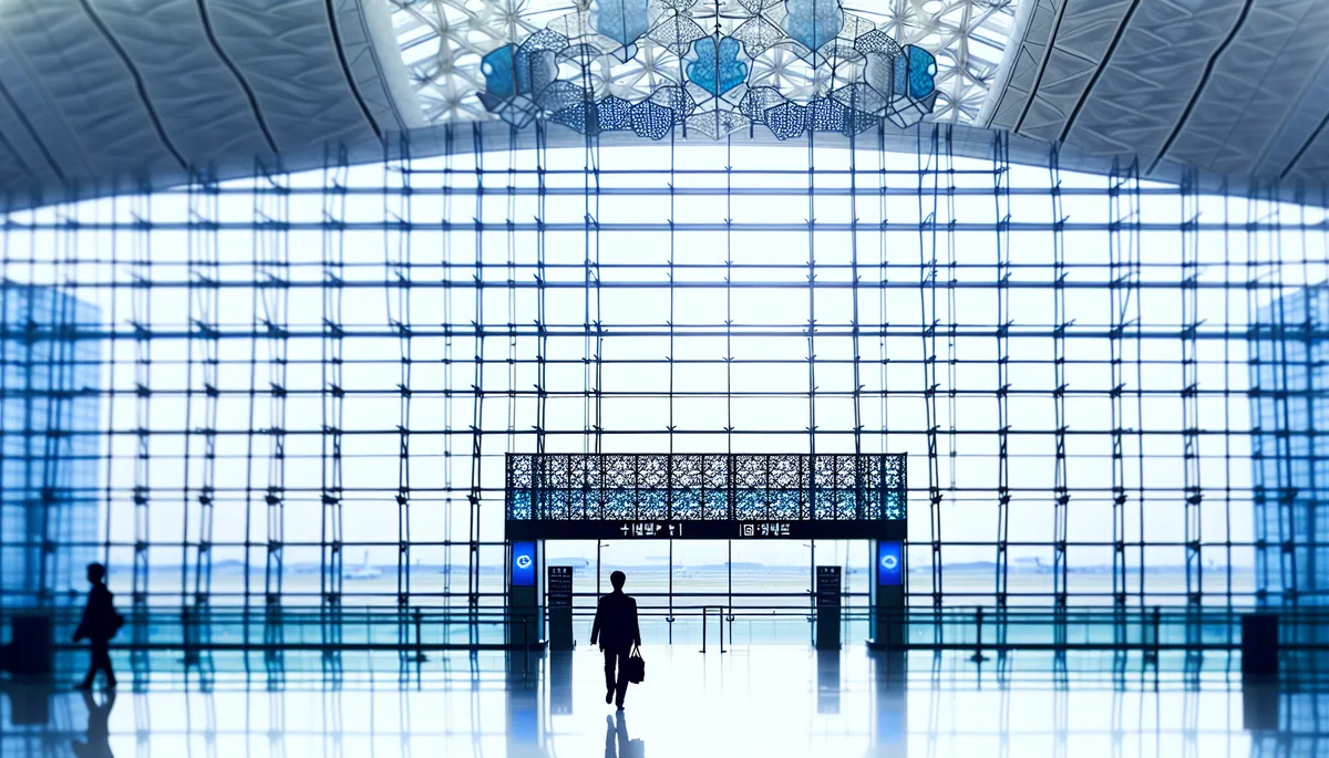 Silhouette of a traveler walking through a modern Korean airport terminal with large windows and contemporary architecture
