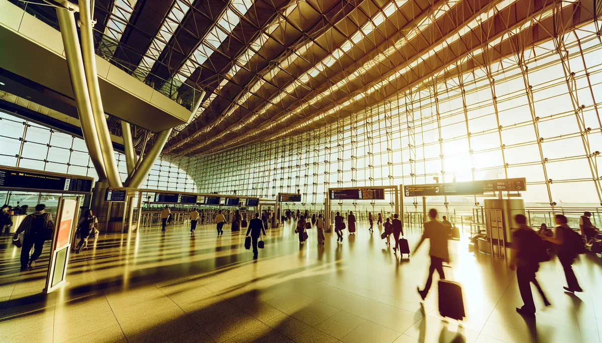 Modern airport terminal interior with travelers walking through departure area, featuring large windows and contemporary architecture