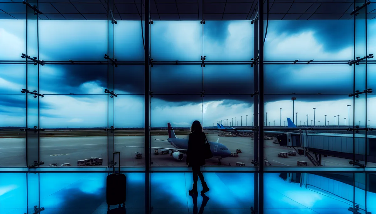 Silhouette of a traveler standing alone at an airport gate with stormy skies visible through large windows, creating a moody atmosphere that suggests travel concerns