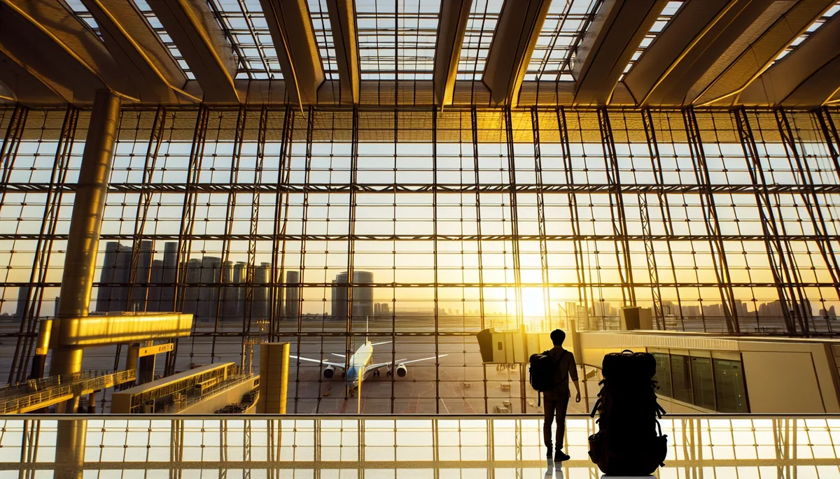 Silhouette of a traveler with backpack standing in a modern airport terminal during golden hour, with planes visible through large windows