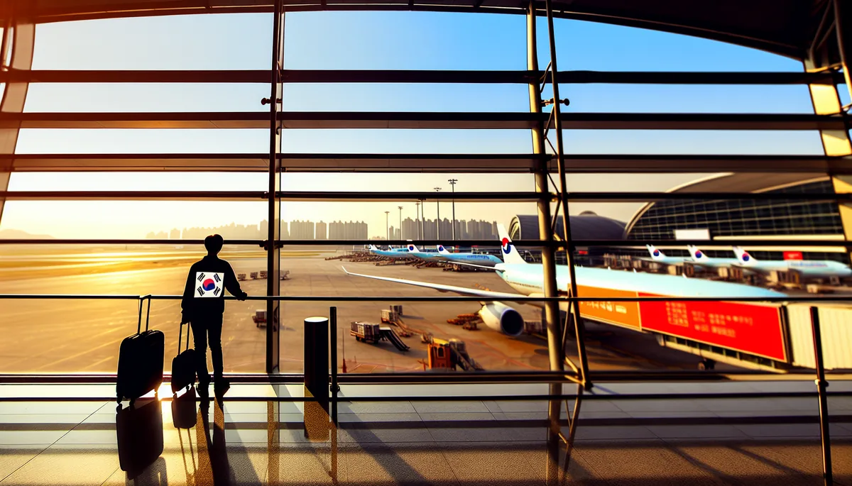 Silhouette of a traveler at airport departure gate during golden hour, with aircraft visible through large terminal windows