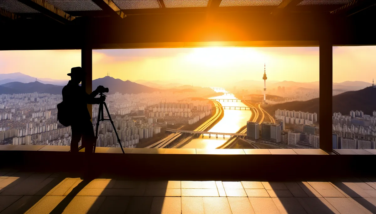 Silhouette of a person viewing Seoul's skyline from an observation deck during golden hour, with the Han River and modern buildings visible below
