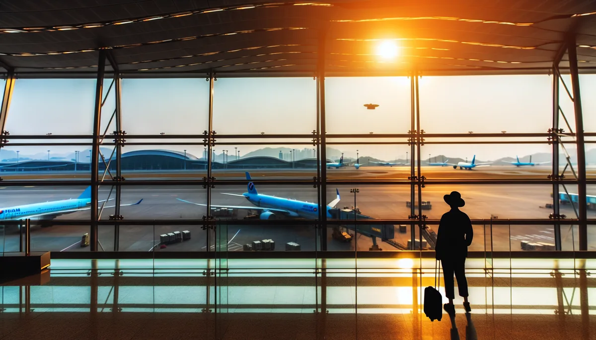 Silhouette of a traveler at an international airport terminal during golden hour, with planes visible through large windows