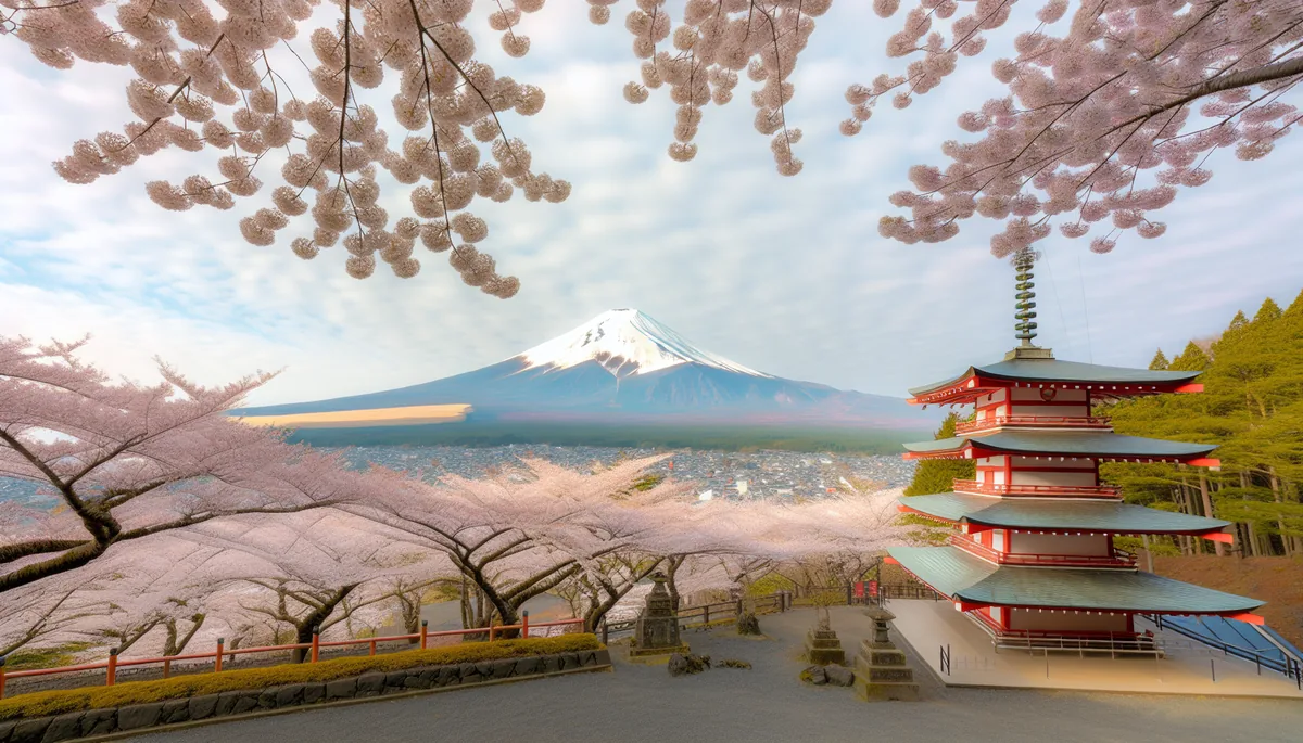 Mount Fuji surrounded by pink cherry blossom trees with a traditional Japanese pagoda in the scenic landscape during spring