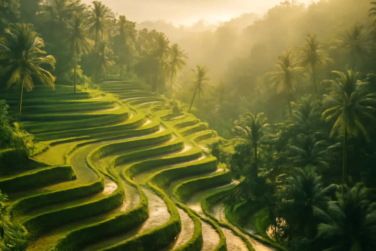 Lush green terraced rice paddies cascading down Bali hillsides surrounded by tropical jungle under warm golden morning light