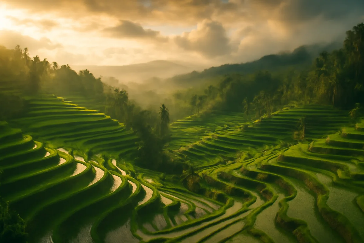 Aerial view of vibrant green rice terraces in Bali, Indonesia, bathed in golden morning light with mist rolling through the valleys