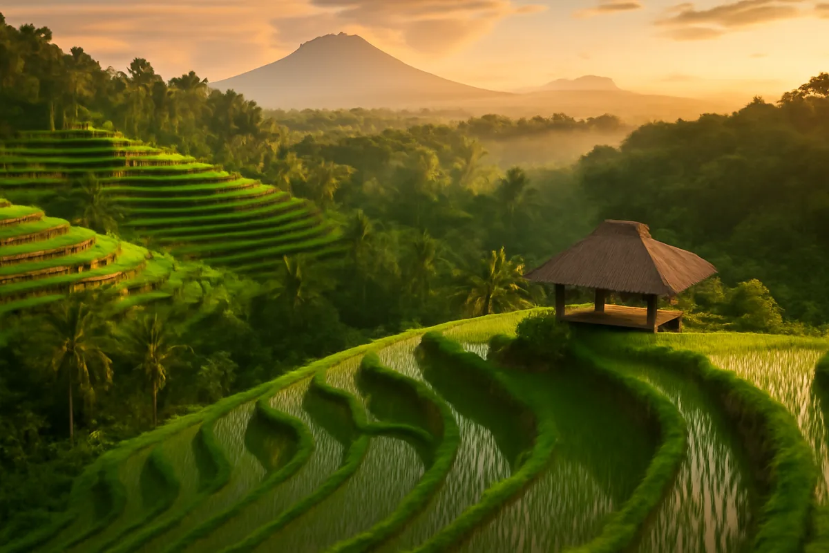 Aerial view of Bali's lush green rice terraces with a traditional pavilion overlooking the tropical landscape during golden hour, with misty volcanic mountains in the background.