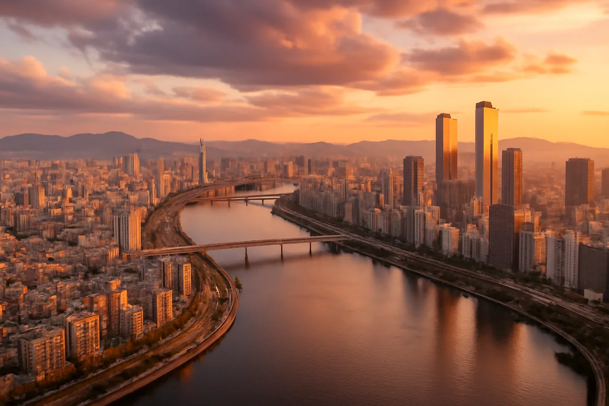 Aerial panoramic view of Seoul, South Korea at golden hour, with the Han River reflecting warm sunset light between modern skyscrapers and urban districts