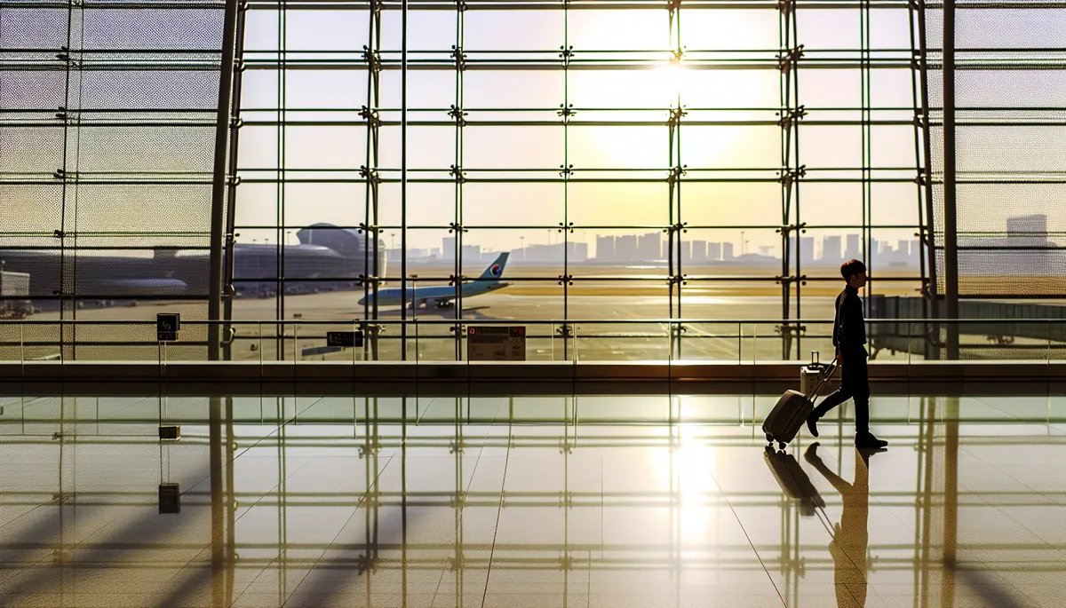 Silhouette of a traveler with luggage walking through a modern airport terminal during golden hour, with planes visible on the tarmac through large windows