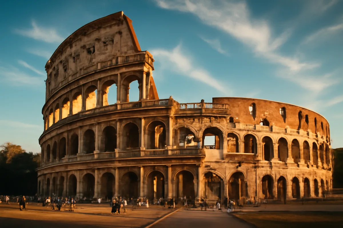 The Roman Colosseum photographed during golden hour with warm sunlight illuminating the ancient stone structure and tourists visible as small silhouettes