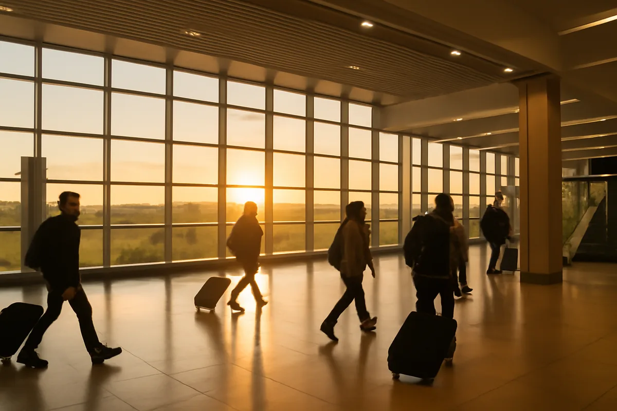 Bright, modern Rome Fiumicino airport terminal interior with travelers walking through the concourse during golden hour