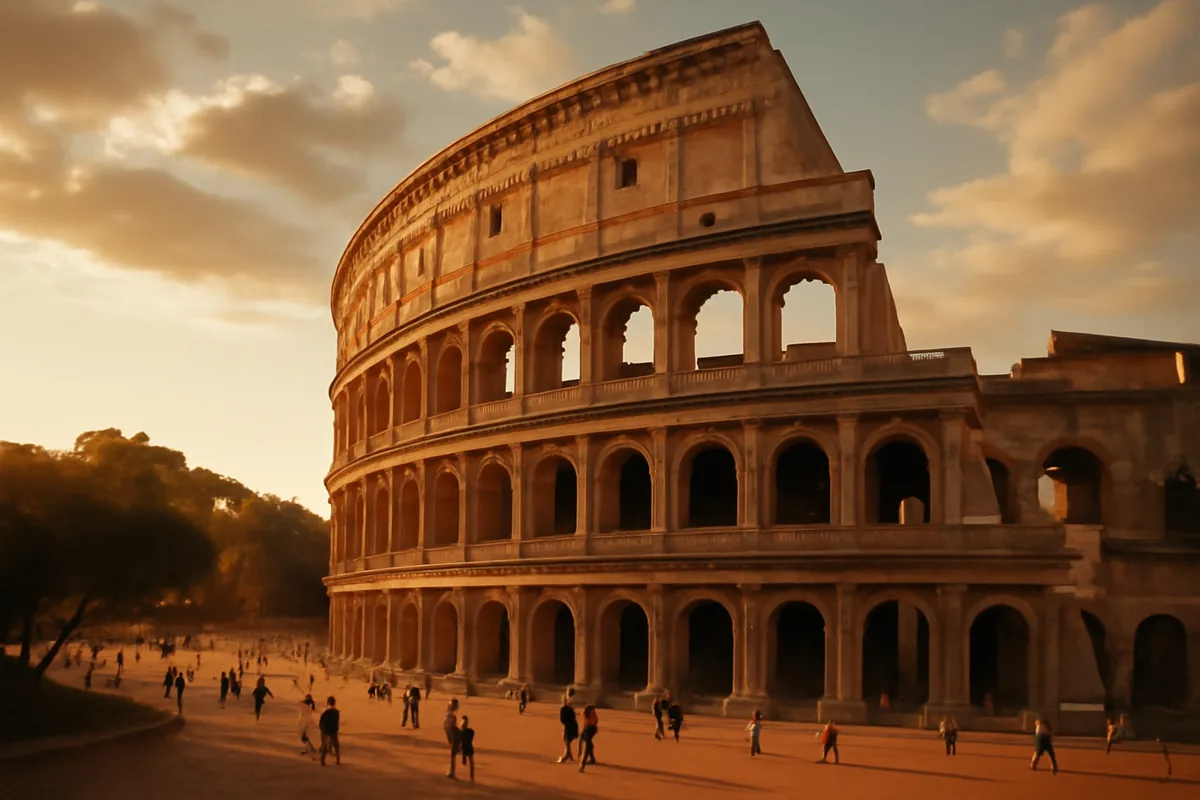 Golden hour view of the Roman Colosseum with tourists walking around the ancient amphitheater, showcasing Italy's iconic architecture in warm lighting