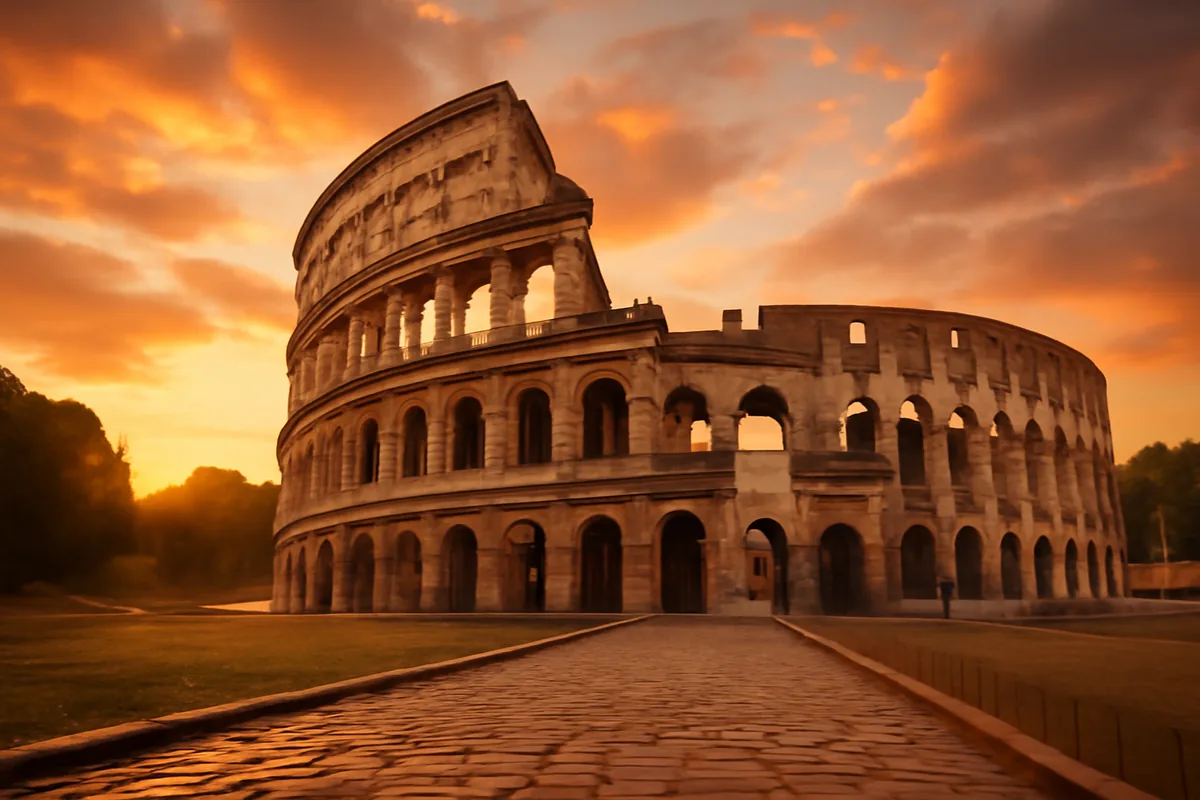The Roman Colosseum illuminated by golden sunset light with dramatic sky and ancient cobblestone path leading toward the historic amphitheater