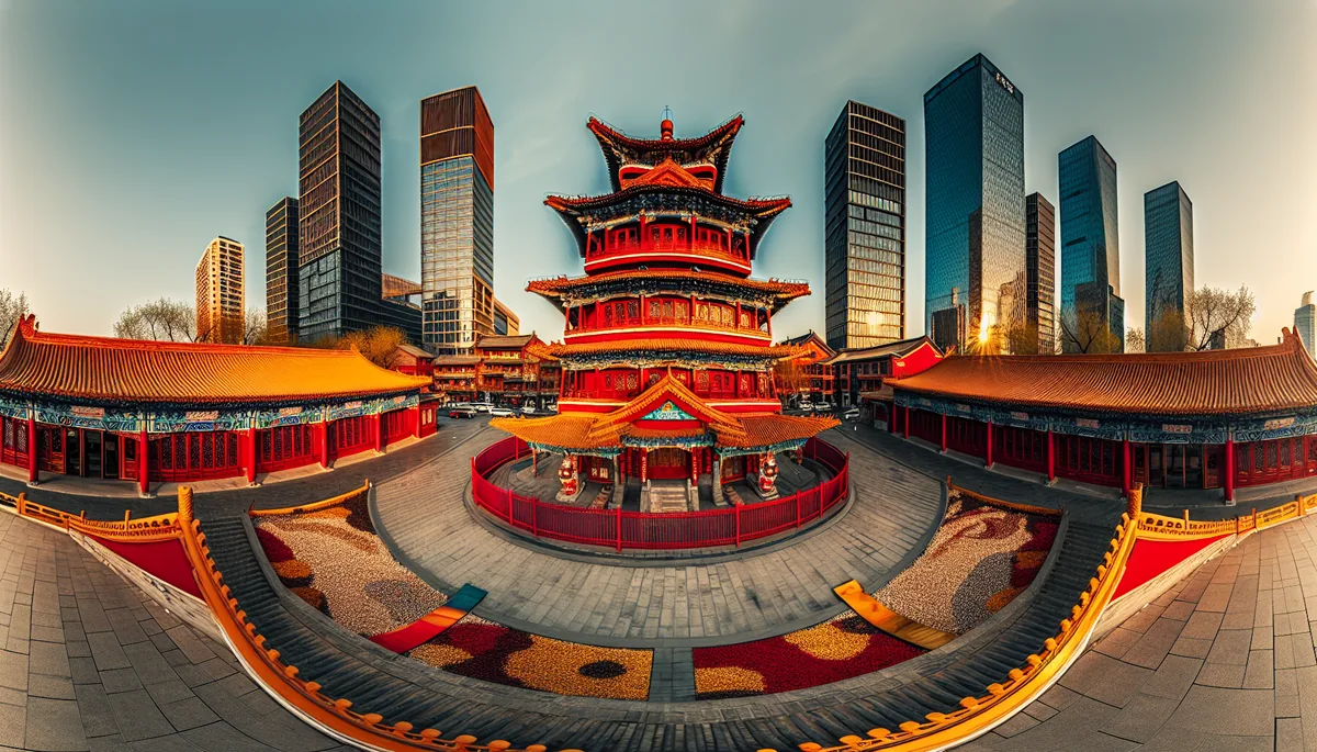 Traditional Chinese pagoda in foreground with modern city skyline in background during golden hour