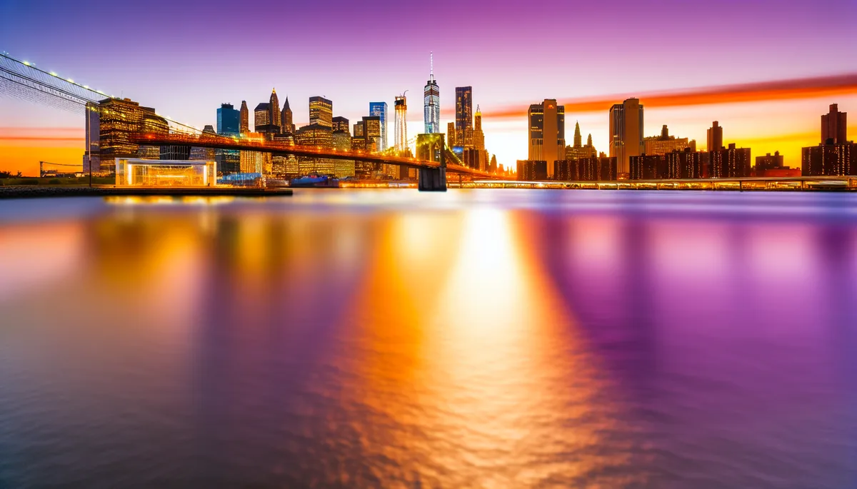 Stunning golden hour view of Manhattan skyline and Brooklyn Bridge with warm sunset colors reflecting on the water