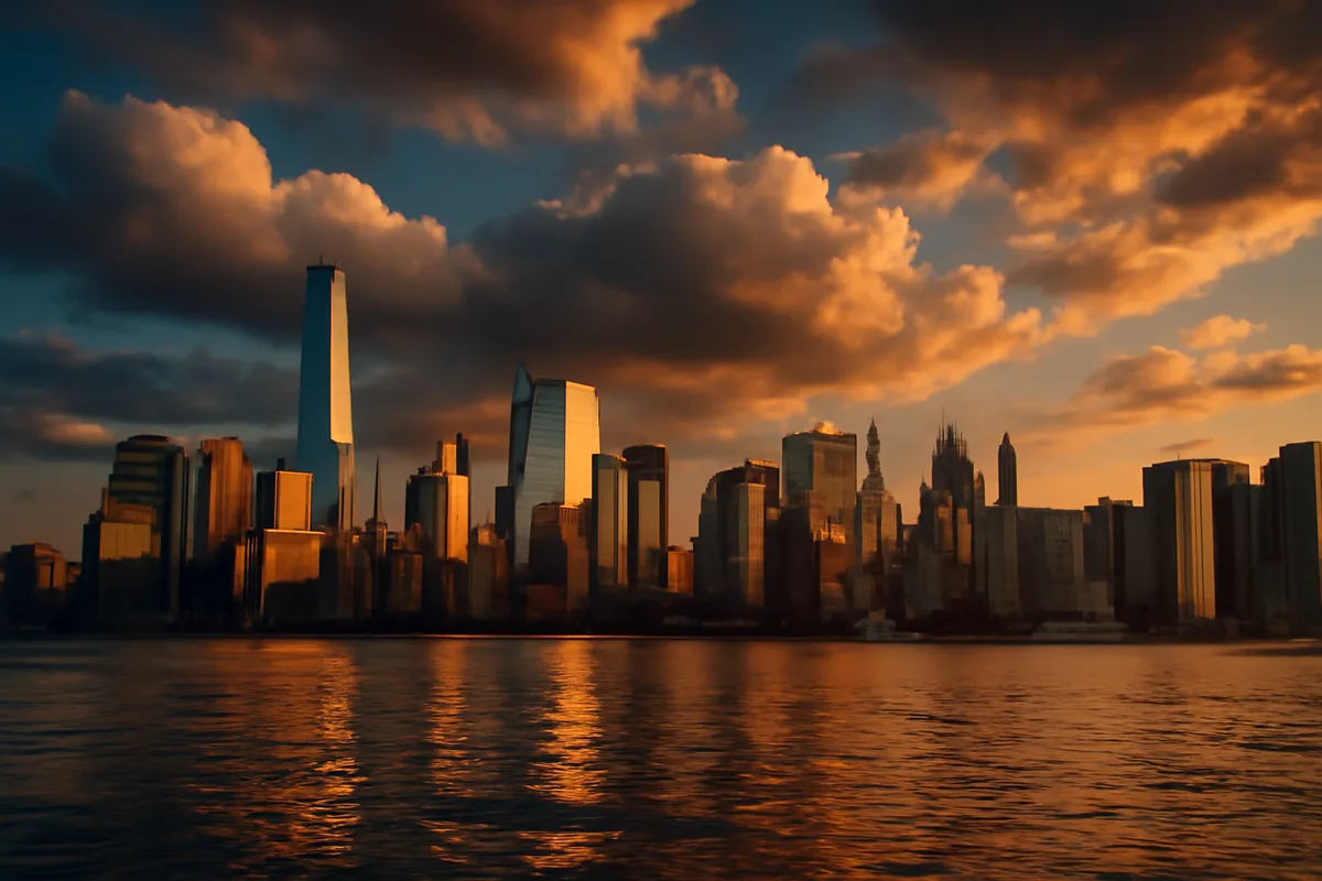 Golden hour view of the New York City Manhattan skyline reflected in the Hudson River, with dramatic clouds and warm amber lighting