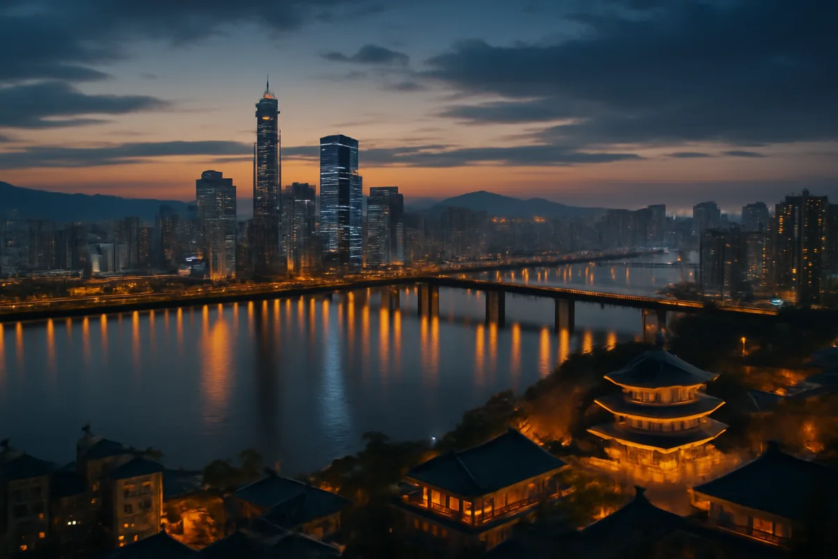 Aerial panoramic view of Seoul, South Korea at twilight, with the Han River reflecting city lights and a blend of modern skyscrapers and traditional architecture under a warm evening sky.