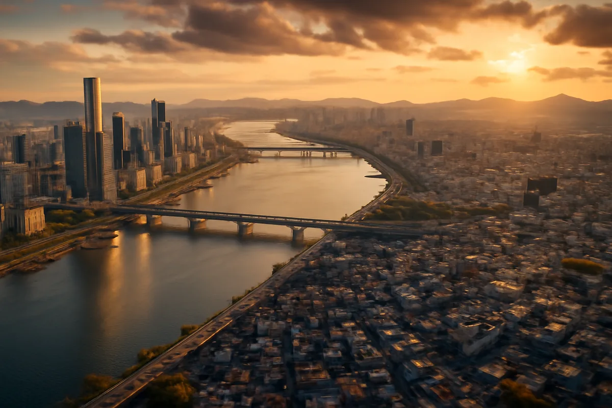 Aerial panoramic view of Seoul, South Korea at golden hour, showing the Han River flowing through a blend of modern skyscrapers and traditional neighborhoods under a warm, dramatic sky.