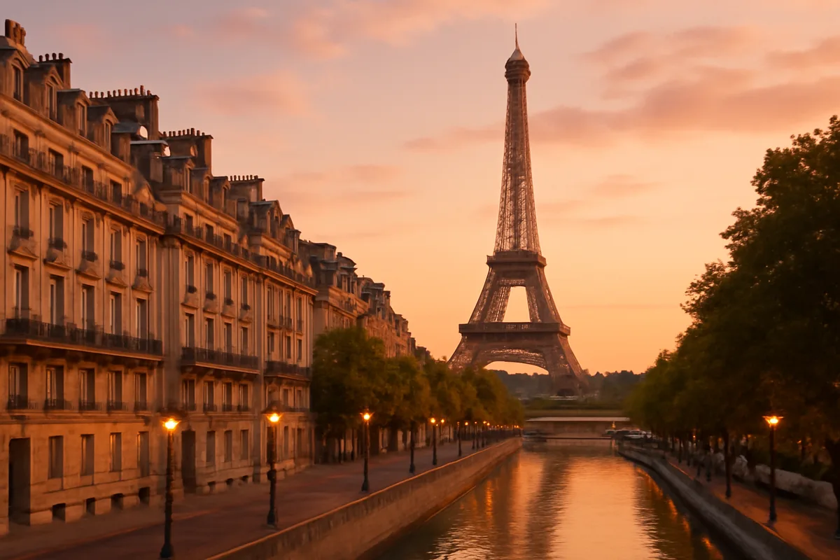 The Eiffel Tower at golden hour viewed from a classic Parisian boulevard lined with trees and traditional Haussmann architecture, with the Seine River reflecting warm amber light