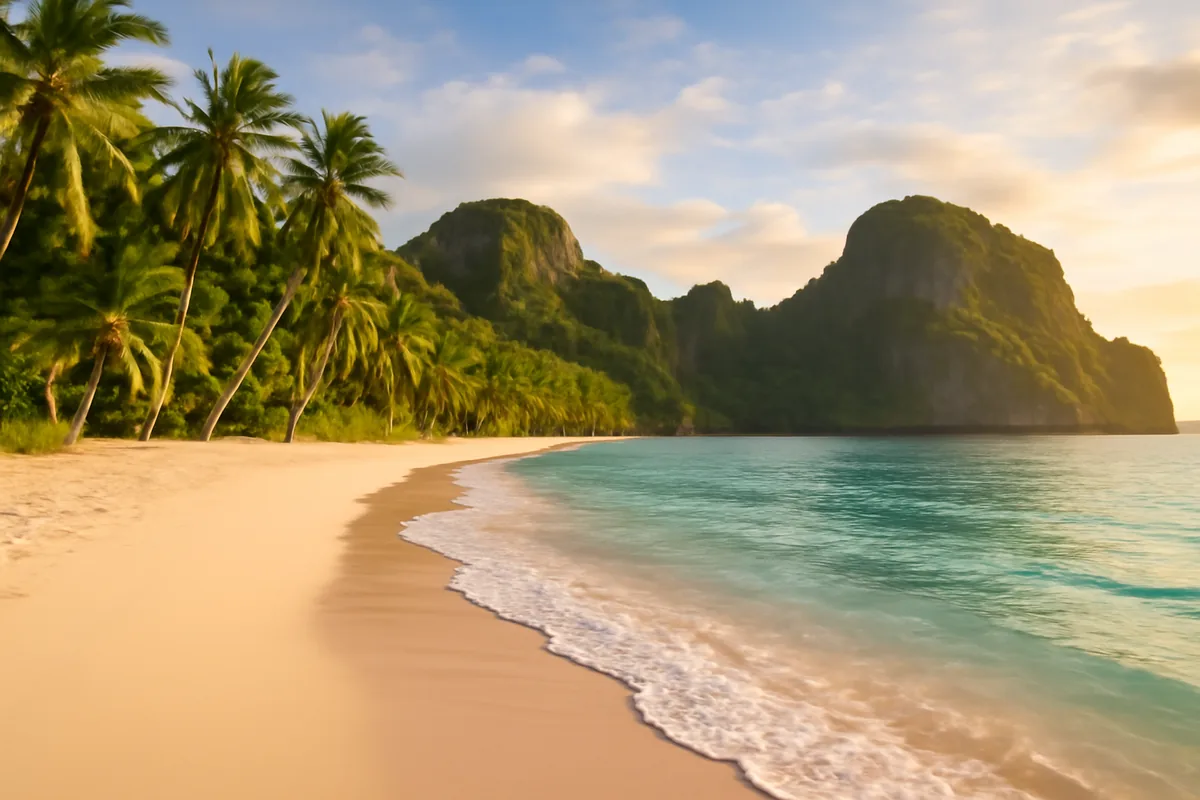 A breathtaking tropical beach in the Philippines featuring pristine white sand, turquoise waters, palm trees, and dramatic limestone cliffs under warm golden light.