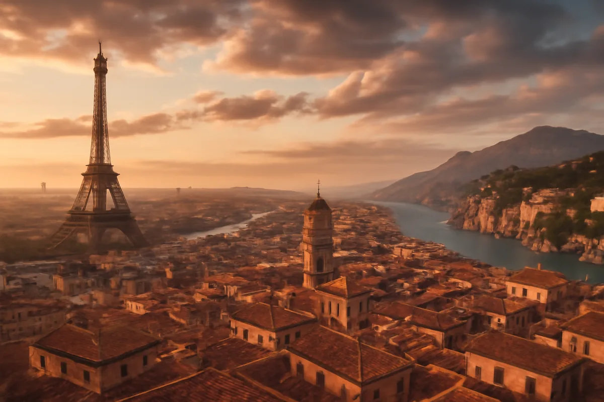 A breathtaking golden hour panorama blending iconic Western European landscapes including French, Spanish, and Italian architectural and natural scenery under a warm amber sky
