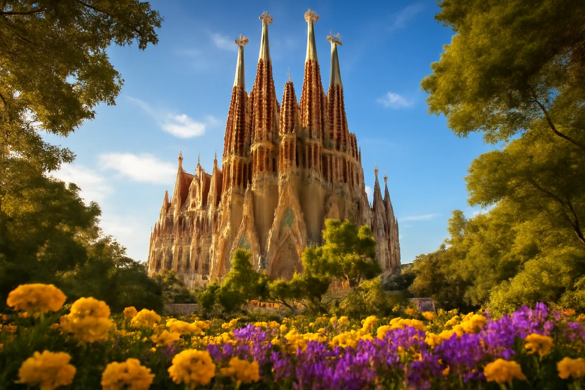 The Sagrada Familia basilica in Barcelona, Spain, photographed from a park angle with colorful flowers in the foreground under a bright blue sky