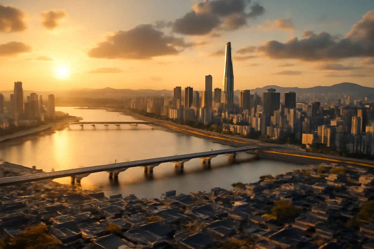 Aerial panoramic view of Seoul, South Korea at golden hour, with the Han River reflecting warm sunlight between modern skyscrapers and traditional neighborhoods