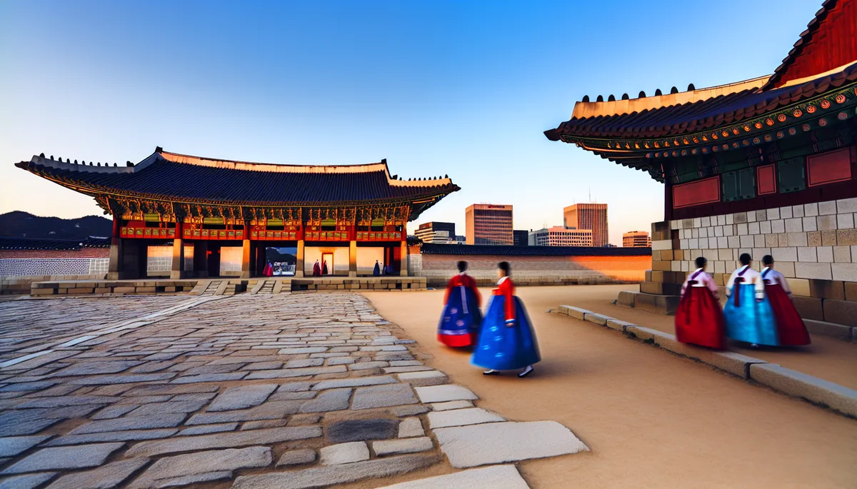 Traditional Korean palace courtyard with colorful traditional buildings and people in hanbok walking through, Seoul skyline in background during golden hour