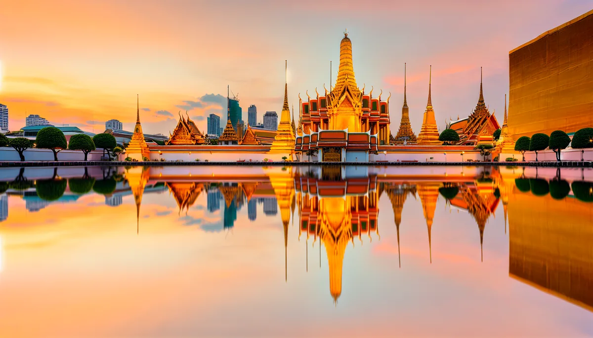 Golden Buddhist temple with ornate spires reflecting in calm water with Bangkok's mixed traditional and modern skyline in the background during sunset