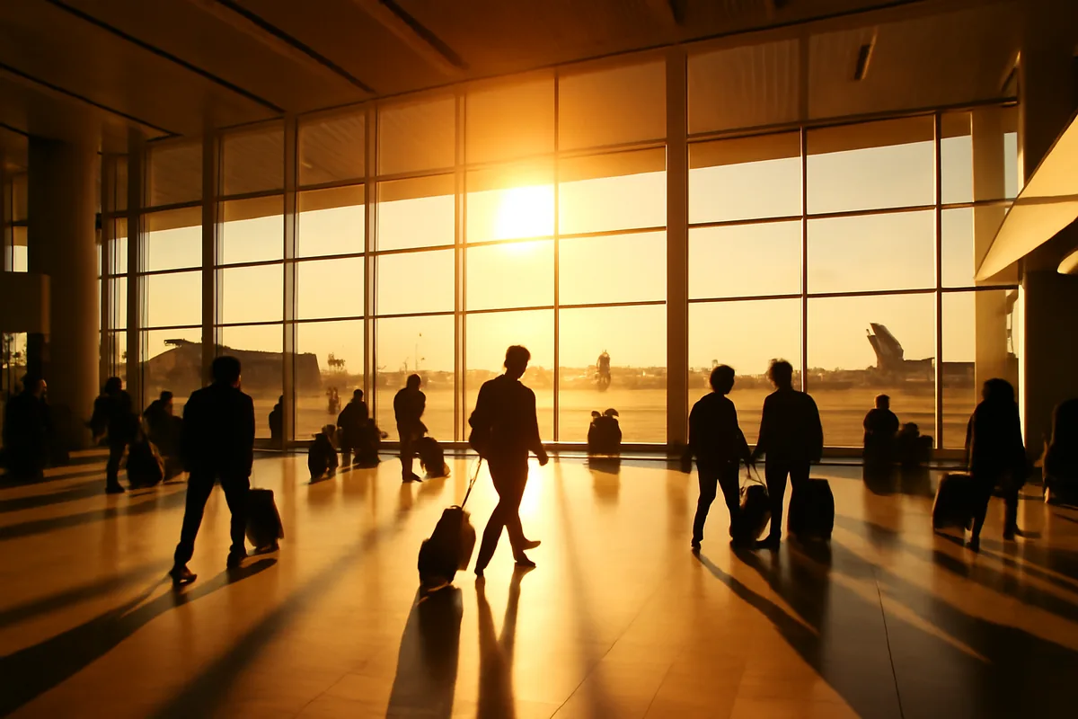 A bright and modern international airport departure terminal with large windows overlooking the tarmac, warm summer sunlight streaming in, and silhouetted travelers with luggage preparing for their journeys.