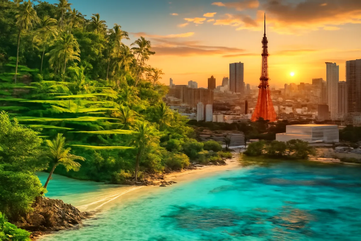 A breathtaking panoramic travel scene blending tropical beaches, lush green rice terraces, and a glowing city skyline under golden summer light, representing top summer holiday destinations in Asia.