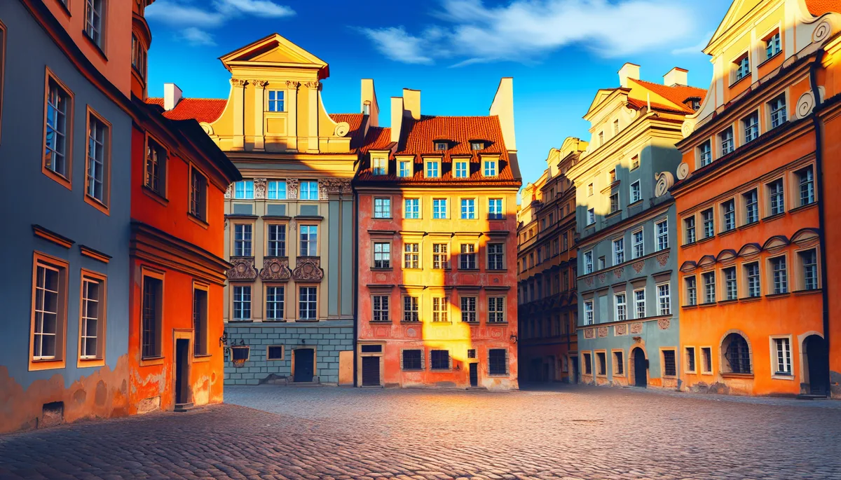 Beautiful European old town square with historic colorful buildings and cobblestone streets during golden hour