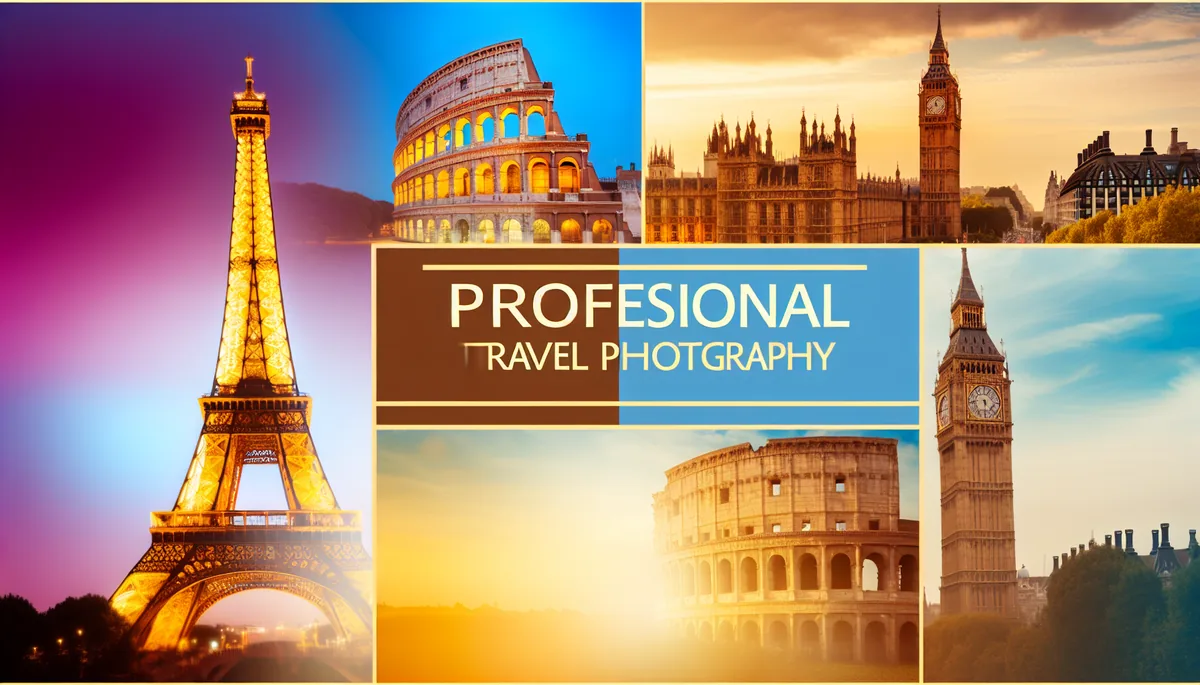 Panoramic view of famous European landmarks including the Eiffel Tower, Big Ben, and Roman Colosseum during golden hour with warm lighting